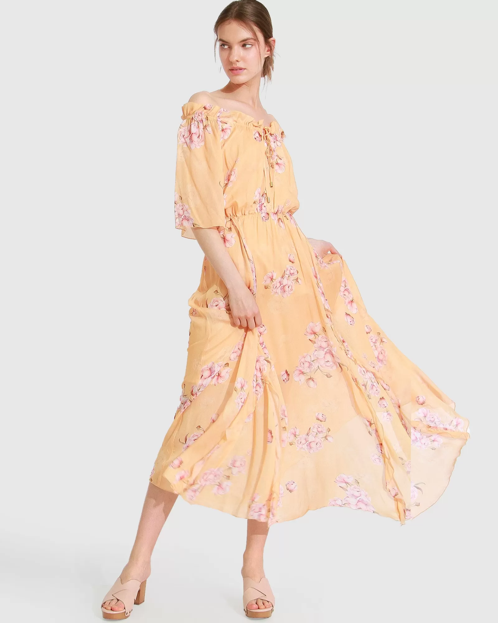 Belle & Bloom Amour Amour Ruffled Midi Dress - Peach Peonies