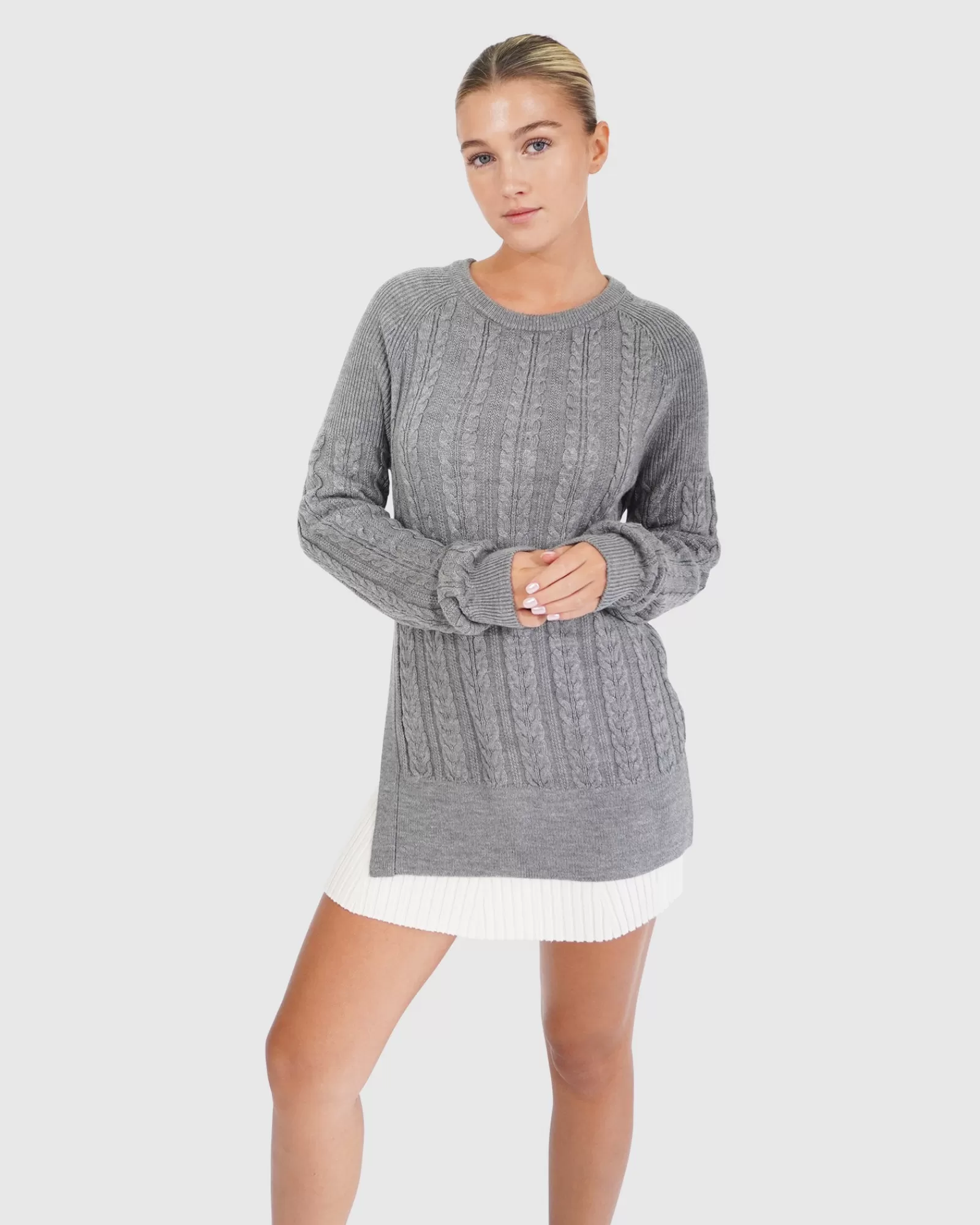 Belle & Bloom At Last Cable Knit Jumper with Slit - Grey Marle