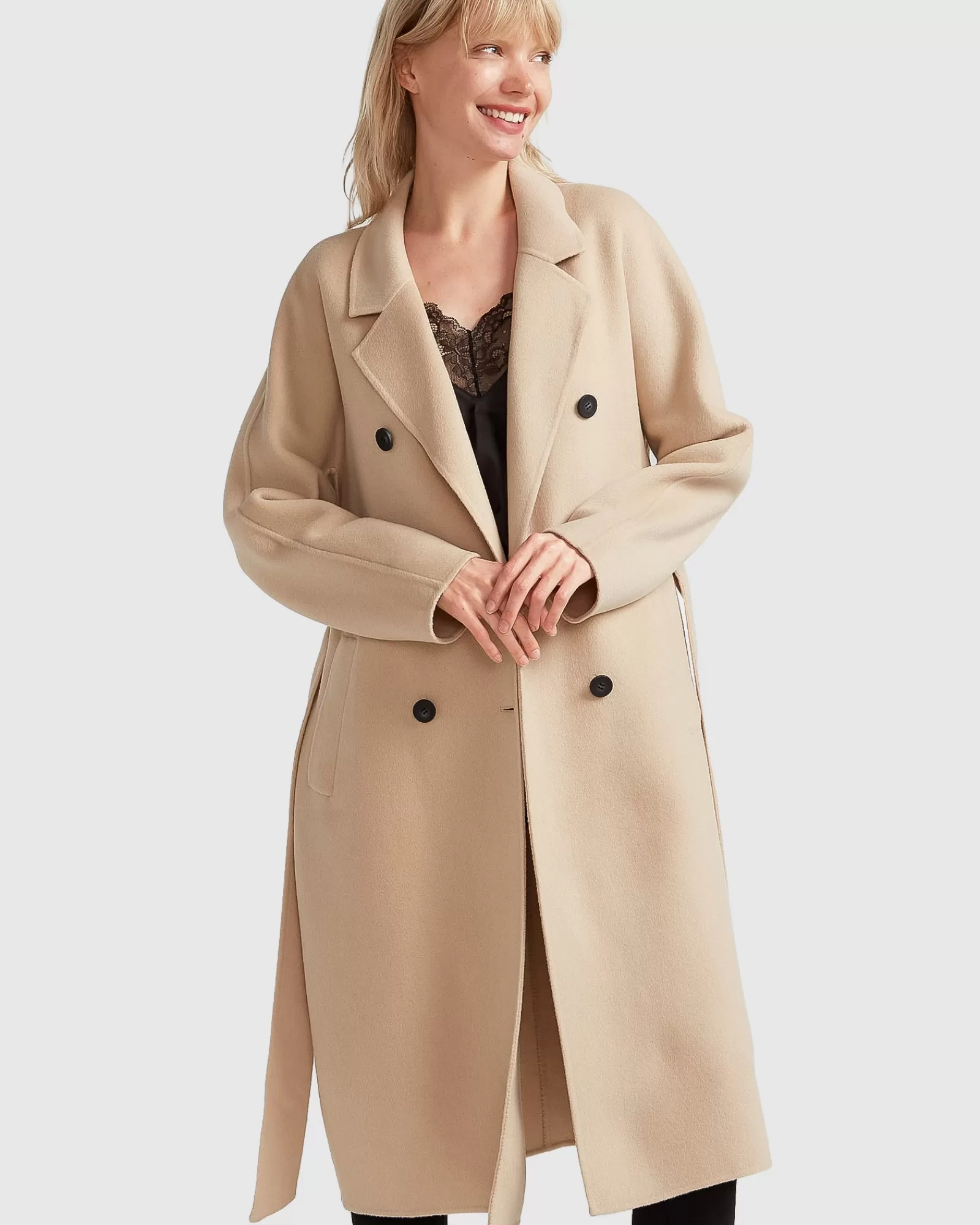 Belle & Bloom Boss Girl Double-Breasted Lined Wool Coat - Pale Oat