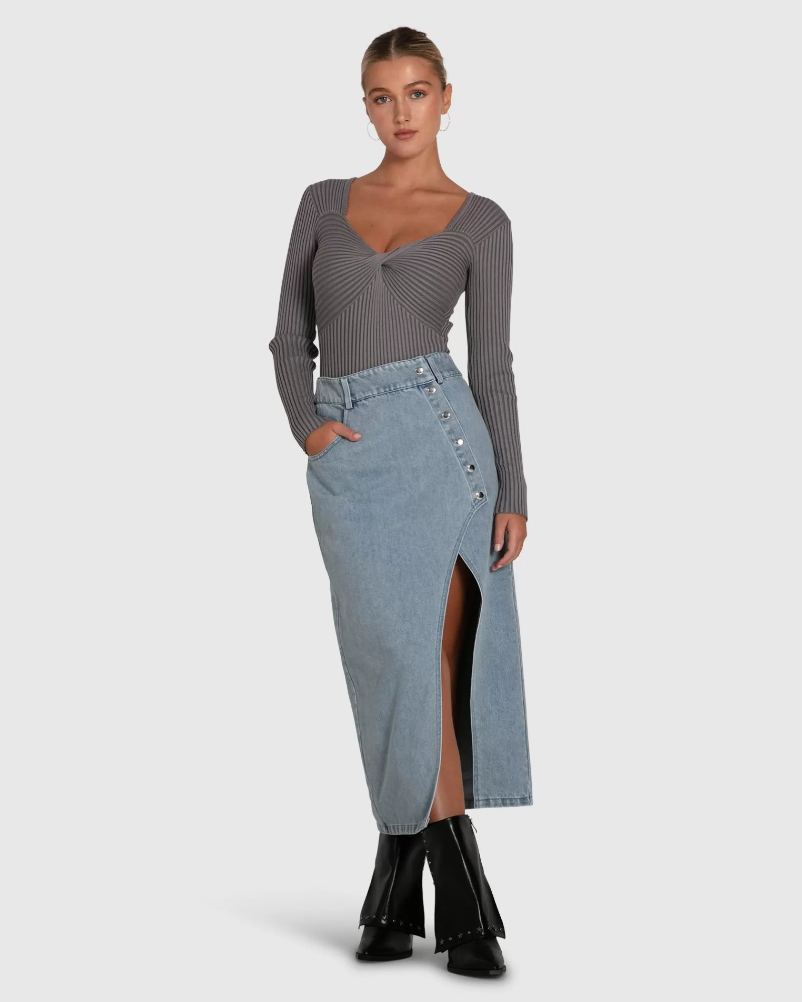 Belle & Bloom Can't Forget You Denim Midi Skirt