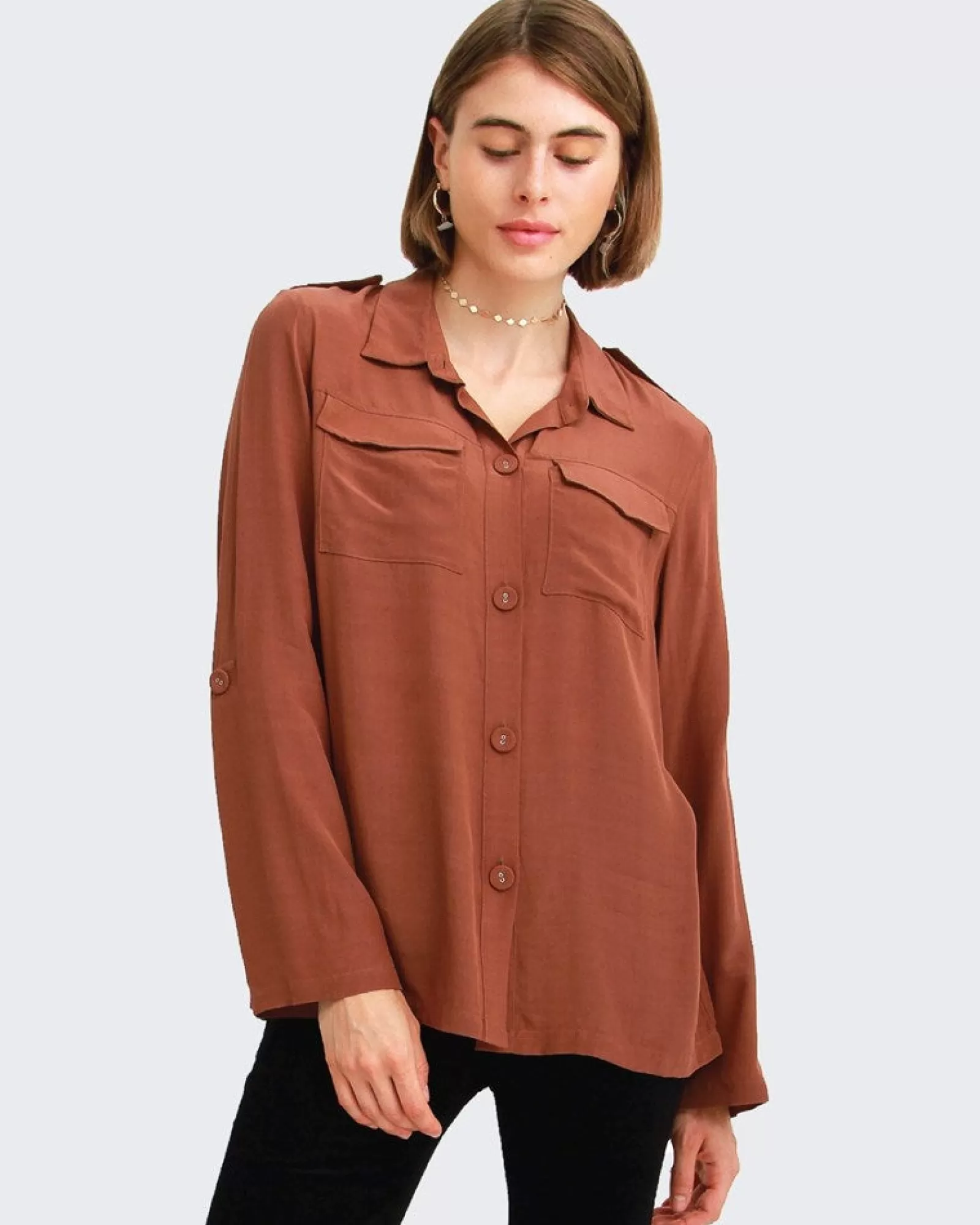 Belle & Bloom Eclipse Rolled Sleeve Blouse - Brown FINAL SALE