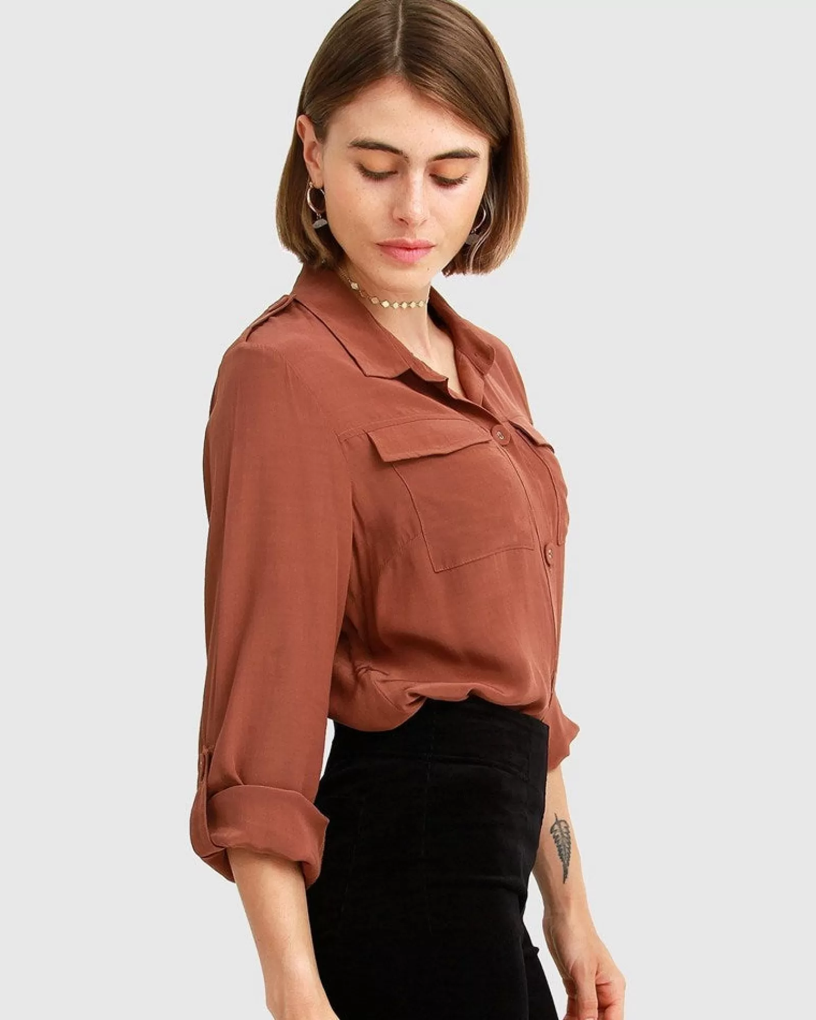 Belle & Bloom Eclipse Rolled Sleeve Blouse - Brown FINAL SALE