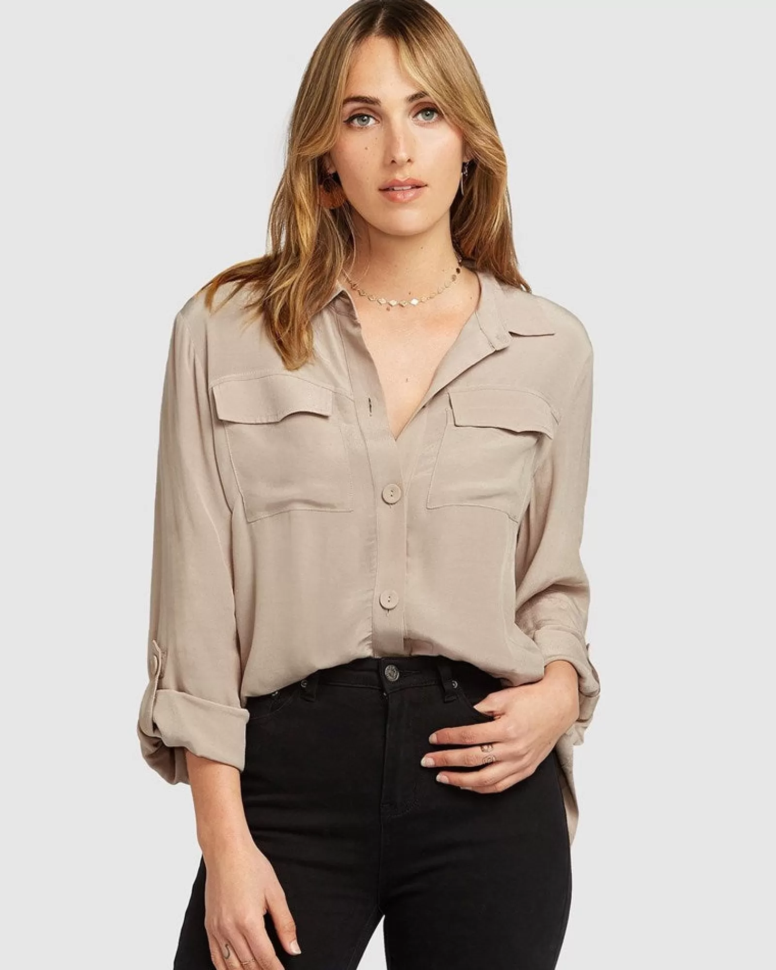 Belle & Bloom Eclipse Rolled Sleeve Blouse - Sand FINAL SALE