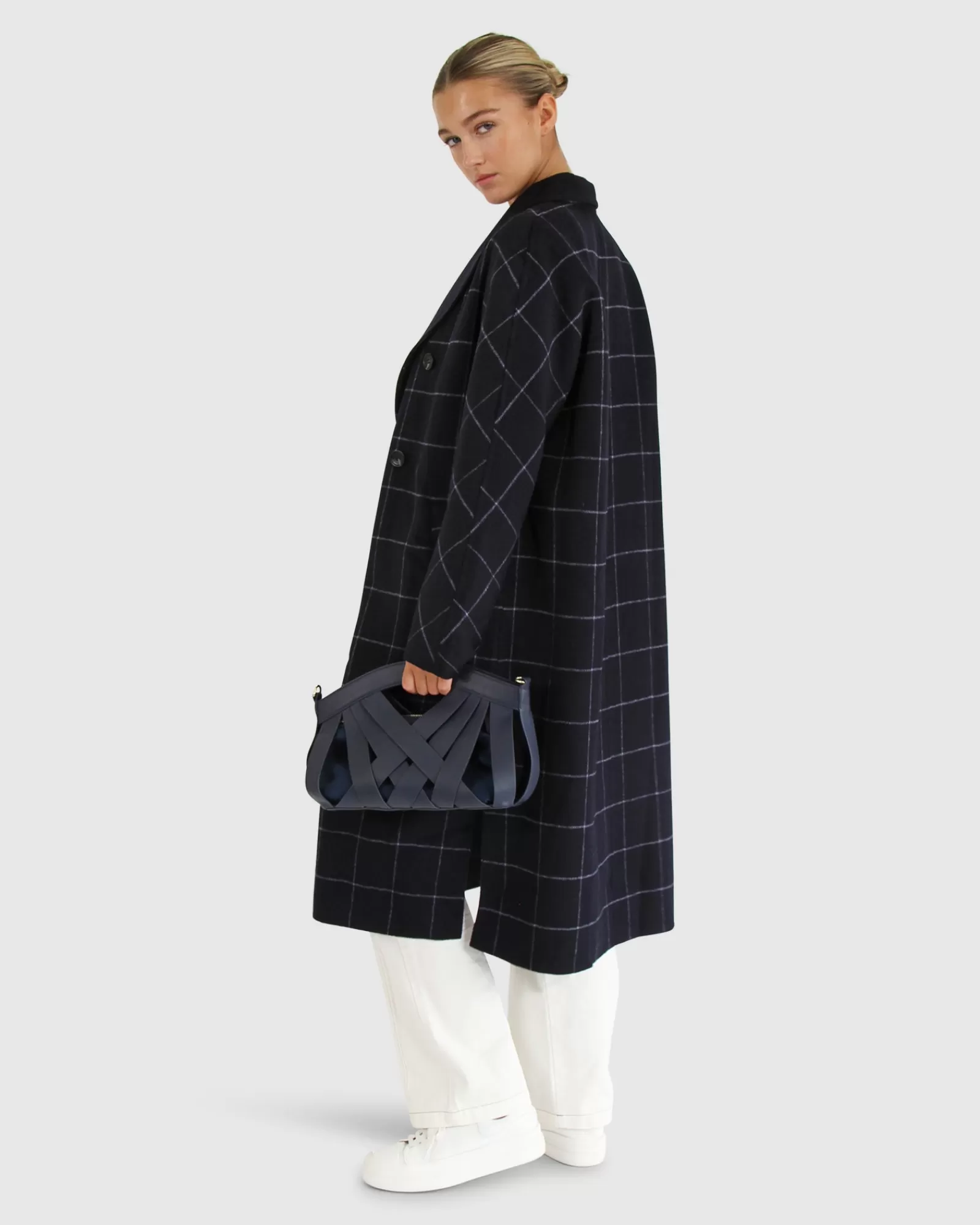 Belle & Bloom Guestlist Oversized Double Breasted Coat - Navy Plaid