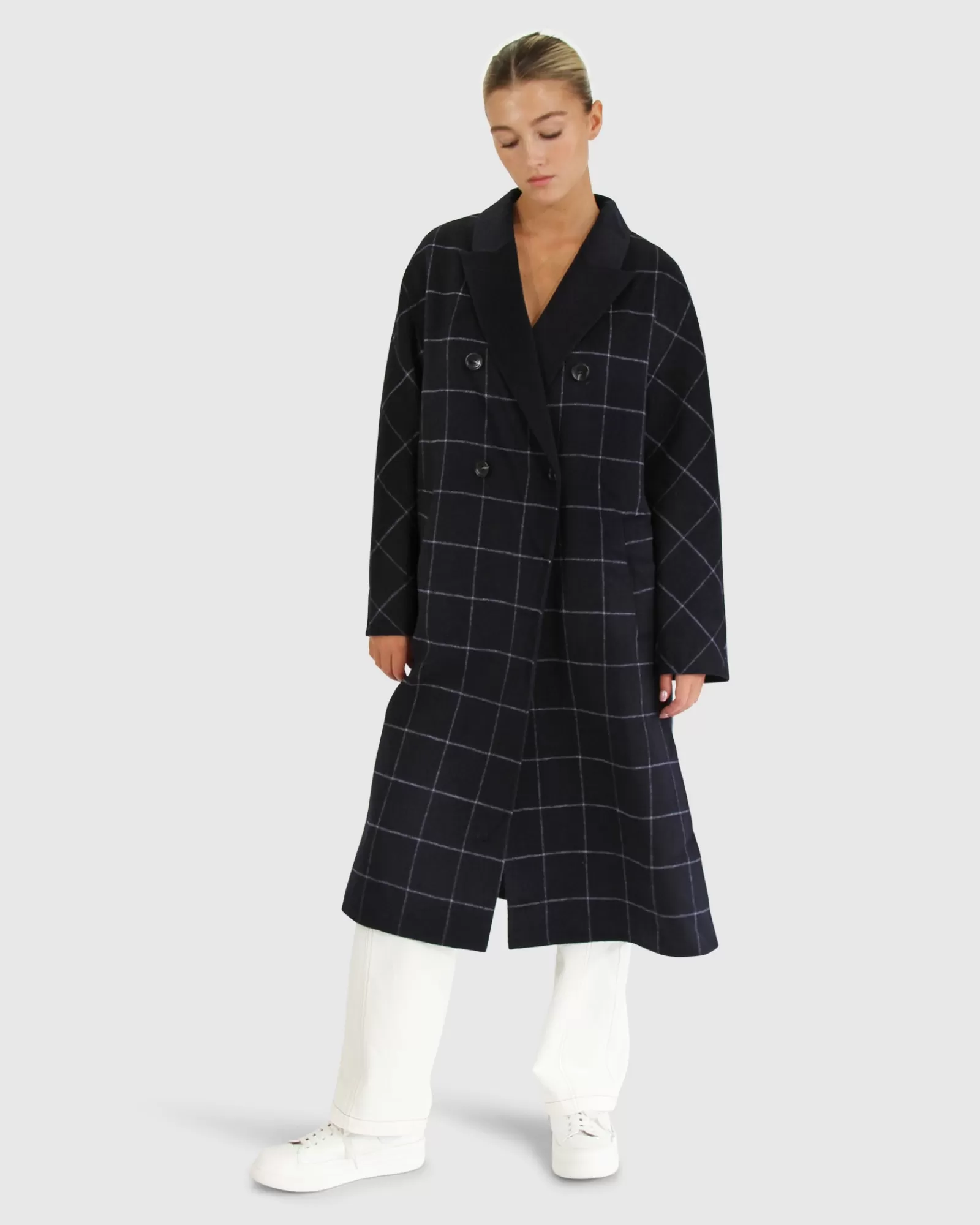 Belle & Bloom Guestlist Oversized Double Breasted Coat - Navy Plaid