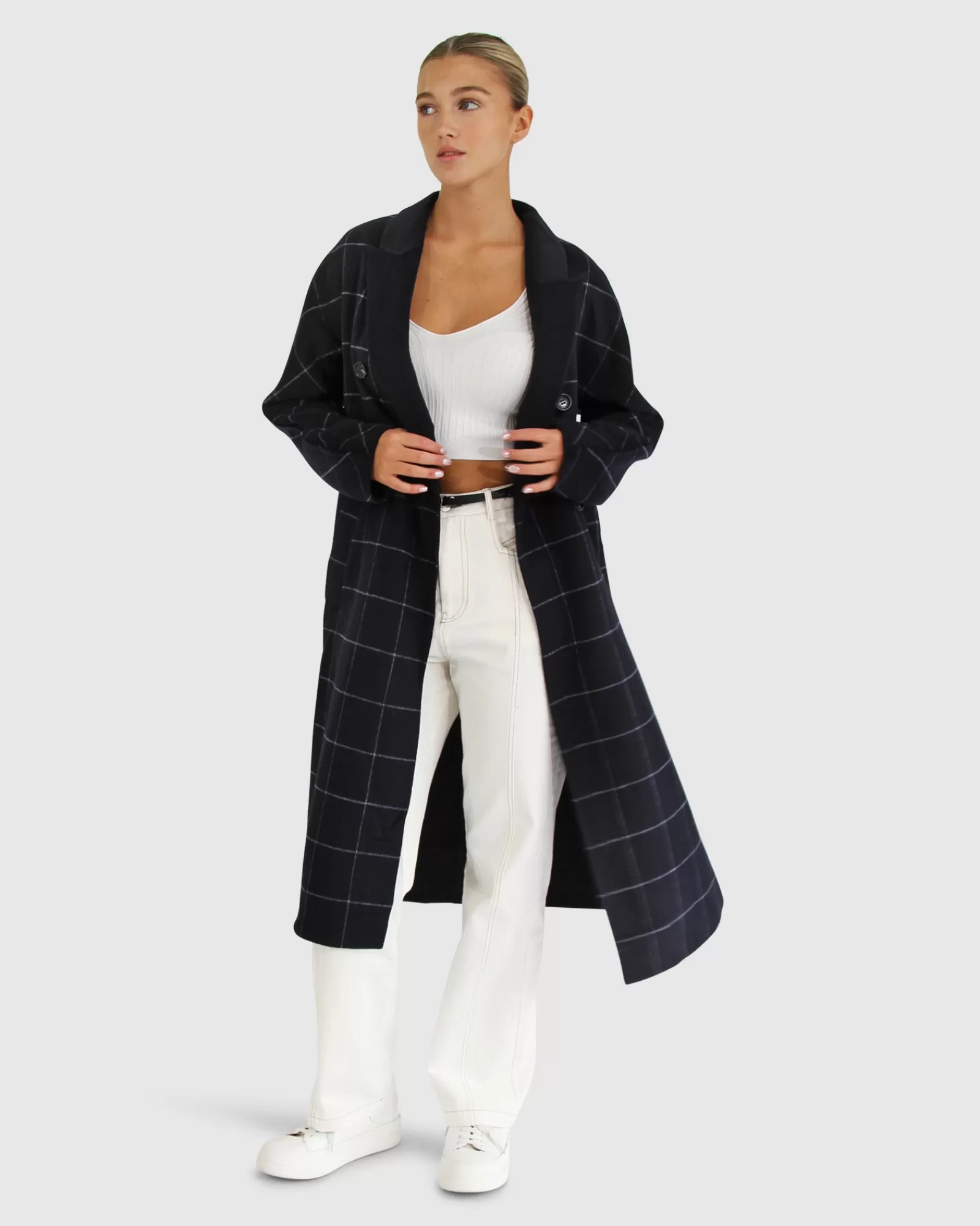 Belle & Bloom Guestlist Oversized Double Breasted Coat - Navy Plaid