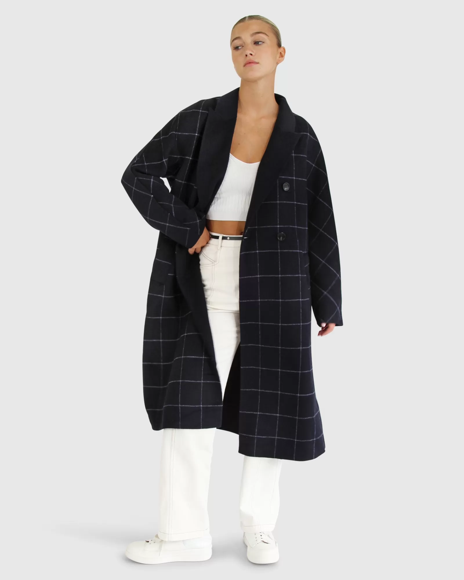Belle & Bloom Guestlist Oversized Double Breasted Coat - Navy Plaid