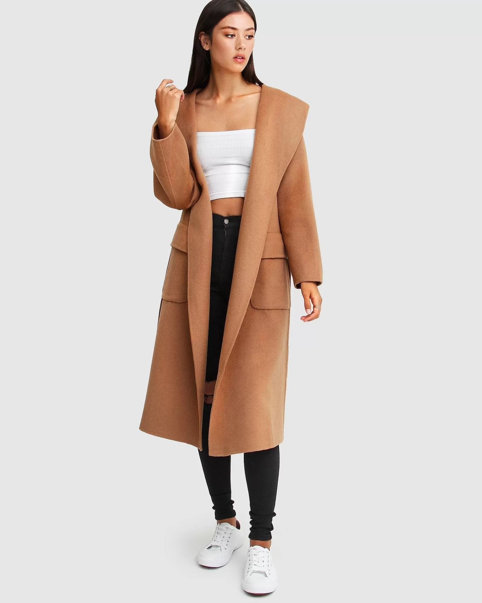 Belle & Bloom Runaway Wool Blend Robe Coat - Dark Camel