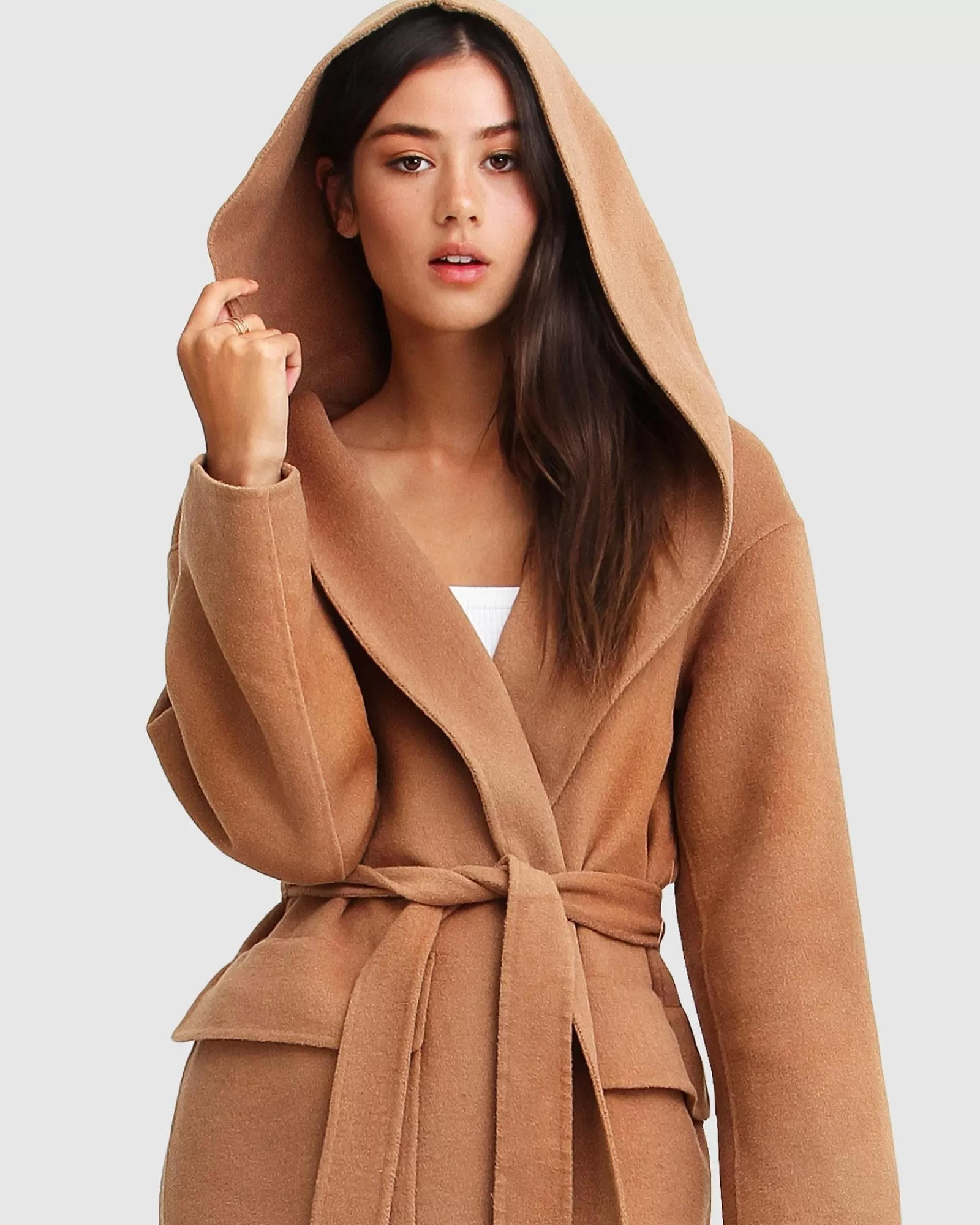 Belle & Bloom Runaway Wool Blend Robe Coat - Dark Camel