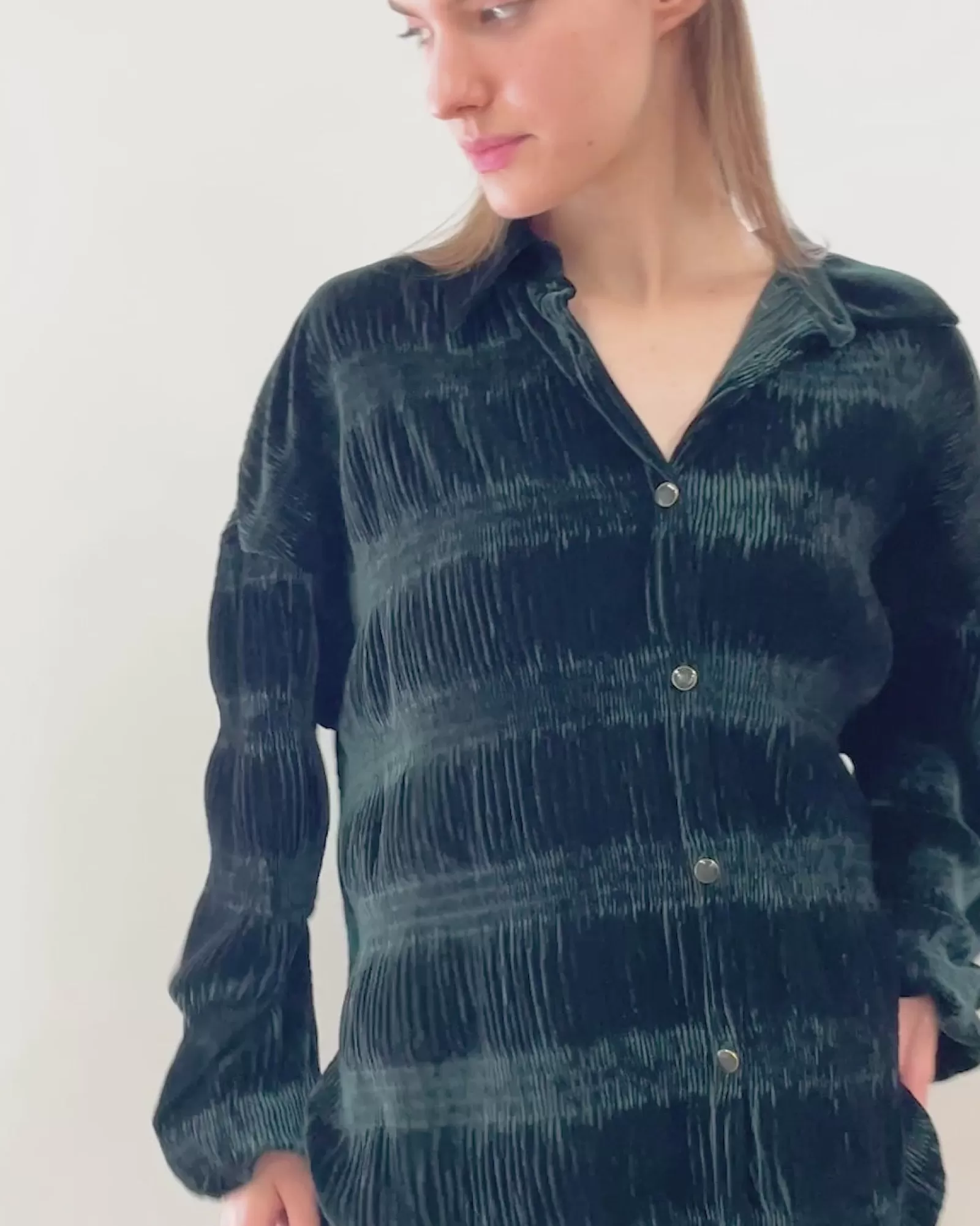 Belle & Bloom Serenade Velvet Plisse Shirt - Dark Teal