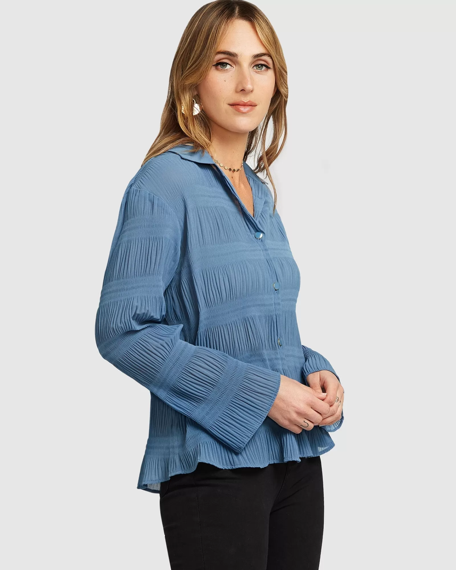 Belle & Bloom Yoko Shirred Chiffon Blouse - Dusty Blue FINAL SALE