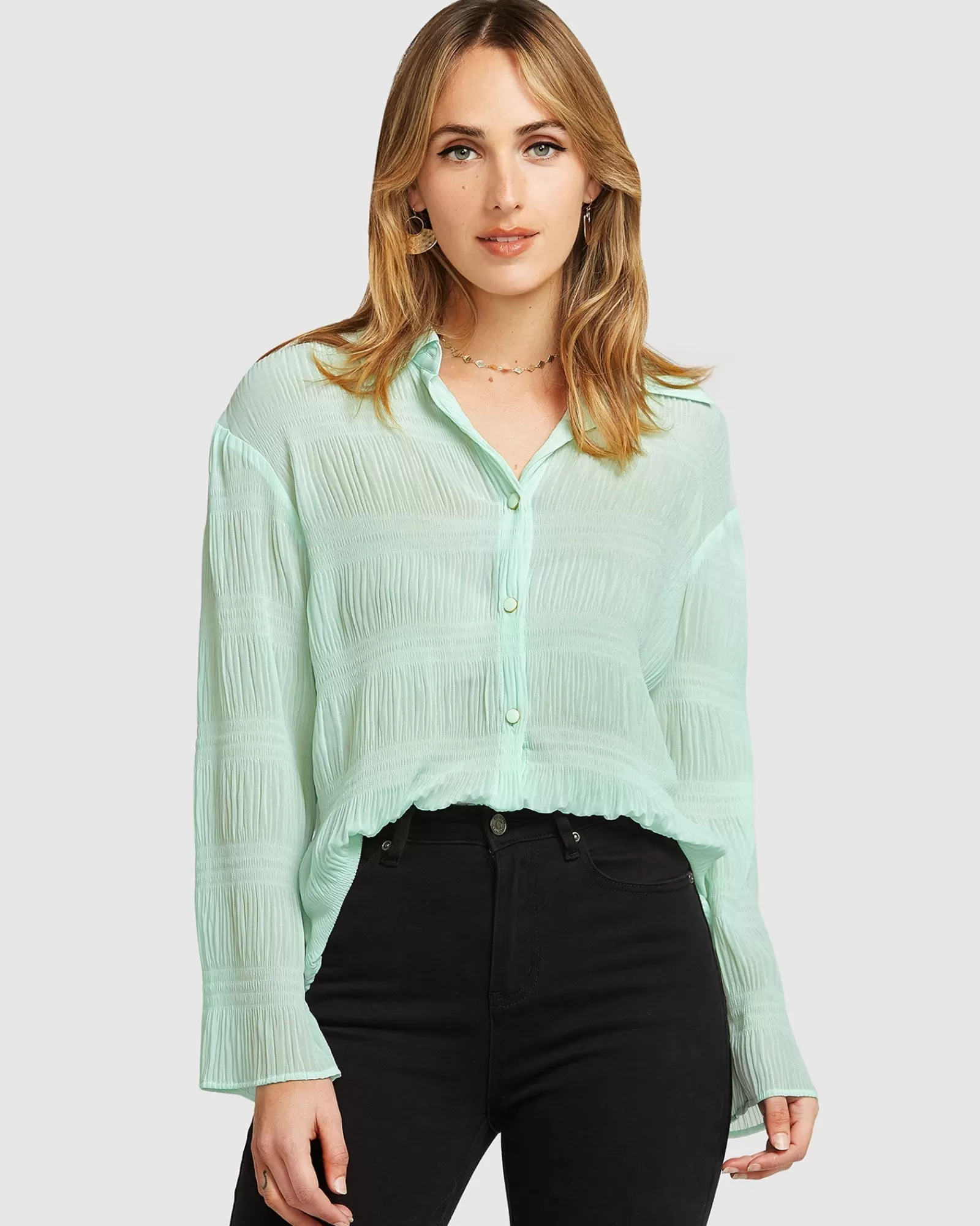 Belle & Bloom Yoko Shirred Chiffon Blouse - Mint FINAL SALE