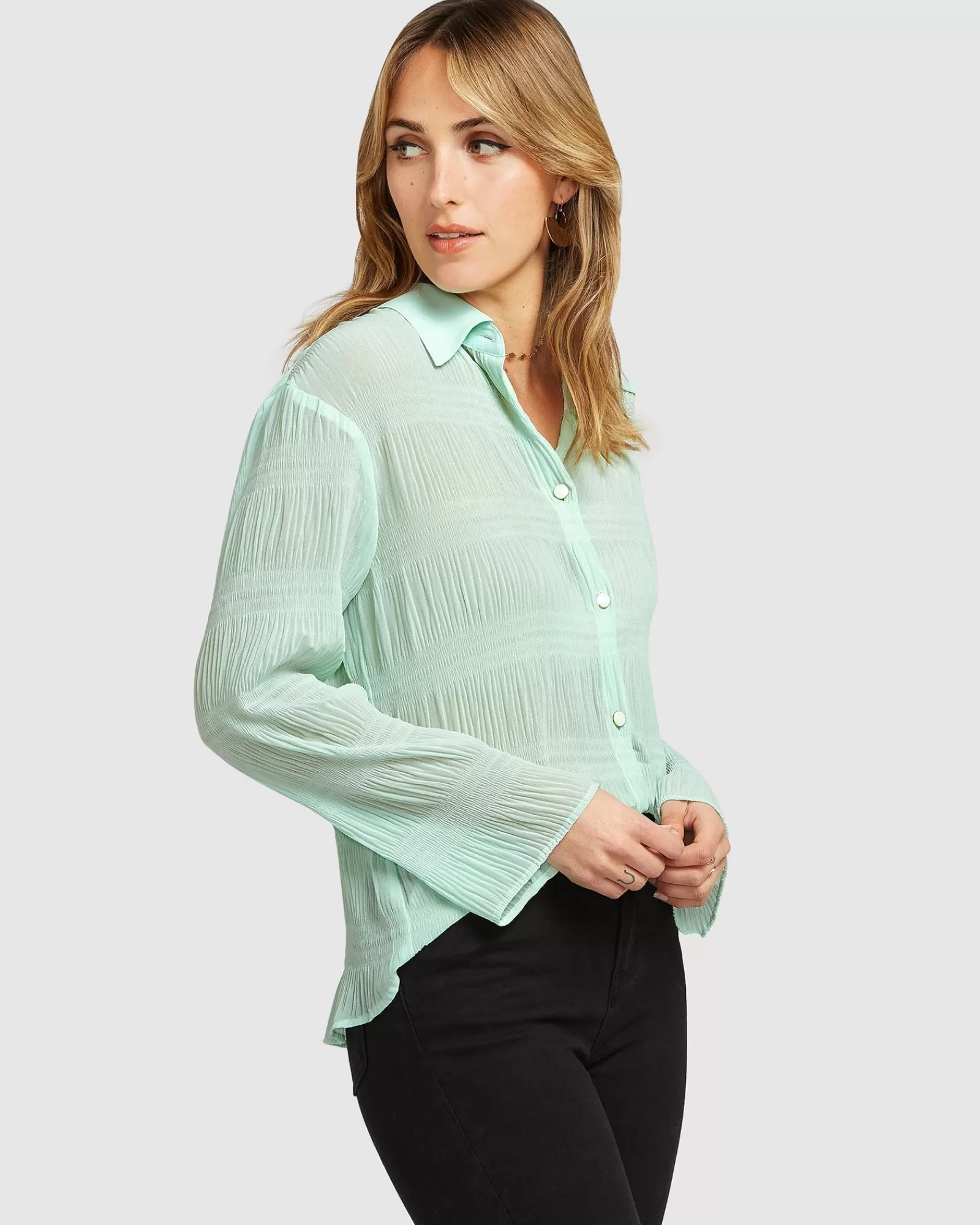 Belle & Bloom Yoko Shirred Chiffon Blouse - Mint FINAL SALE
